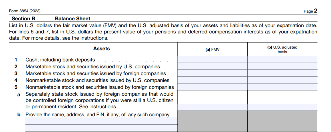 Form 8854 Section B Balace Sheet